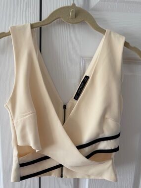 Zara Cream Crop Wrap Top with Black Stripe Trim